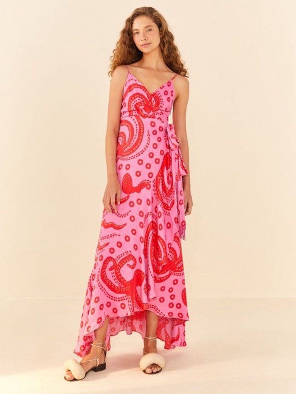 Farm Rio Octocool Wrap Dress Pink Red Satin Octopus Maxi Size Small